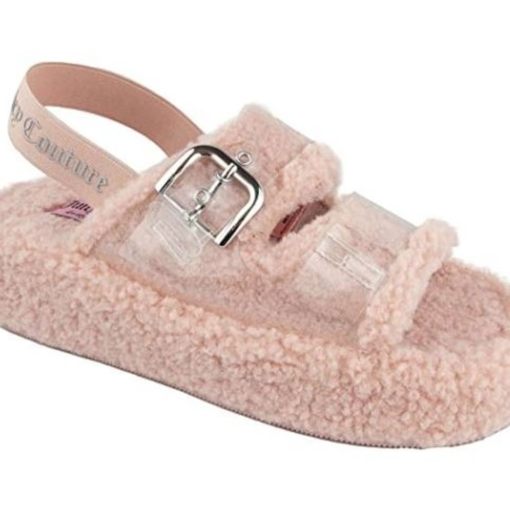 Juicy Couture Pink Sherpa Women Ladies Plush Slide Strap Buckle Sandals